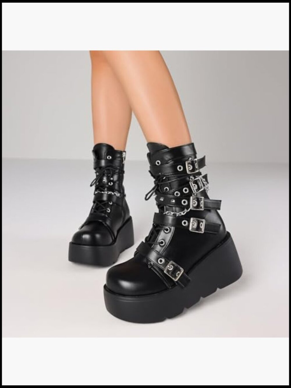 Gothic Platform Ankle Boot Side Zip Round Toe Wedge Buckle Combat Rave Chunky - Picture 4 of 7